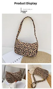Detail shot of khaki leopard print canvas shoulder bag with zipper closure and strap