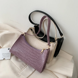 Women Baguette Shoulder Bag Croco Embossed PU Leather Retro Underarm Handbag Gold Metal Zipper Casual Fashion