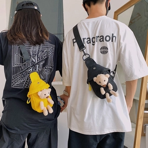 Women Cute 3D Plush Teddy Bear Canvas Shoulder Bag Cartoon Casual Small Crossbody Chest Bag For Girls Daily Fashion Bag