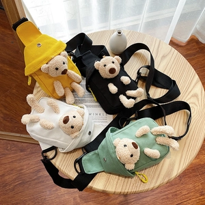 Cute canvas chest bags with 3D plush teddy bears in yellow, black, white and green