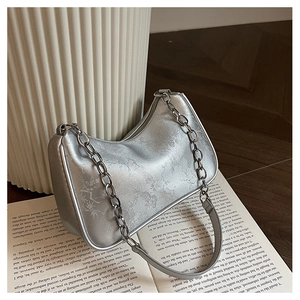 Silver crescent underarm bag with bamboo leaf texture and thick metal chain strap