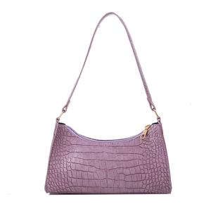 Chic purple baguette shoulder bag with crocodile pattern and golden metal zipper