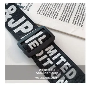 Detail of adjustable black nylon strap with white LIMITED lettering and plastic buckle