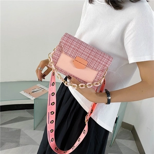 Pink tweed crossbody square bag with chunky white chain and sunflower print wide strap