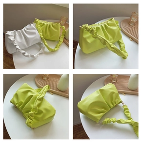 Detail view of ruched cloud bags in green and white from multiple angles and perspectives