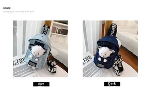 Detail of denim crossbody bags featuring plush bear charms and lettered straps