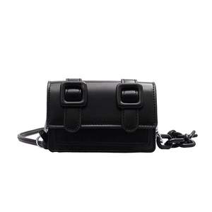 Mini black leather crossbody bag with chunky chain strap and square buckle detail