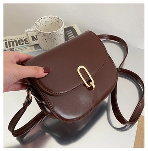 Details einer dunkelbraunen Satteltasche mit goldener Schnalle und Gurt