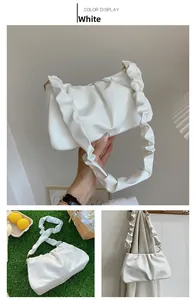 Detailed views of a white pleated cloud bag showing soft texture and gold hardware details