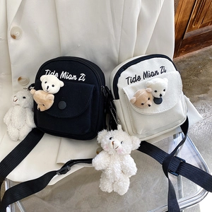 Women Cute Cartoon Bear Canvas Crossbody Bag Casual Small Shoulder Bag Student Phone Bag With Pendant