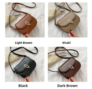 Detaillierte Gitteransicht von vier Vintage-Satteltaschen in Braun, Khaki und Schwarz