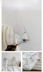 Detail view of transparent PVC jelly bag with silver metal hooks and long shoulder strap