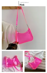 Close-up of a pink transparent jelly bag with silver zipper and PVC texture