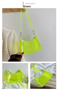 Macro detail of fluorescent green transparent PVC shoulder bag with white stitching and metal hooks