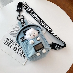 Women Denim Crossbody Chest Bag With Cute Plush Animal Cartoon Shoulder Bag Adjustable Wide Letter Strap