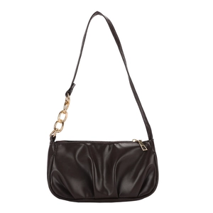 Pleated dark brown shoulder bag for women with gold chain detail and zipper