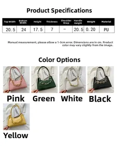 Detailed size chart and multi-color options for the crocodile pattern chain shoulder bag