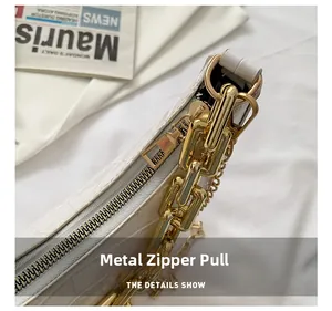 Detailed macro view of golden metal zipper pull and textured crocodile pattern on white bag