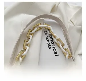 Detail of white crocodile pattern strap and decorative gold-tone chain on shoulder bag