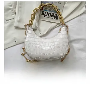 Detailed shot of white croc-embossed hobo bag with gold chain and phone for size comparison