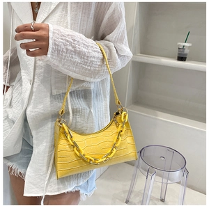 Detail view of yellow baguette bag featuring crocodile texture and dual acrylic chain straps