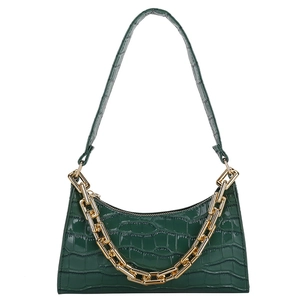 Deep green faux crocodile skin baguette bag with thick gold chain and slim shoulder strap