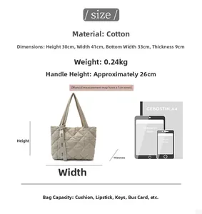 Detailed size guide for beige quilted cotton tote bag with dimensions and capacity info