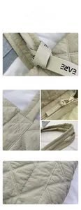 Detailed views of grey-green quilted tote bag featuring embroidery and lettered handles