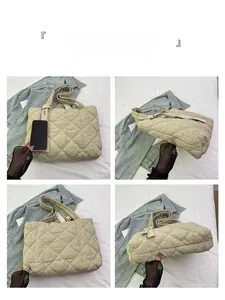 Detailed four-angle views of beige quilted puffer tote bag with diamond stitching texture