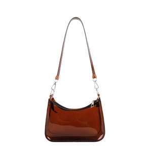 Brown semi-transparent PVC jelly shoulder bag with zipper and silver hardware