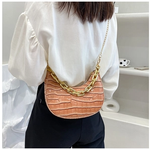 Close-up of crocodile pattern texture on hobo bag with thick gold chain decoration
