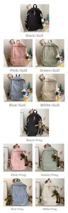 Detail grid of vintage macaron canvas backpacks with various cute cartoon pendants