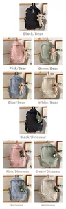Collage of canvas backpacks in pastel colors featuring plush bear and dinosaur pendants