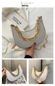 Detailed view of white crocodile pattern hobo bag with thick gold chain accessories