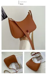 Detailed views of the brown crescent hobo bag featuring matte faux leather and gold hardware