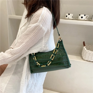 French style crocodile pattern shoulder bag in dark green with chunky chain strap