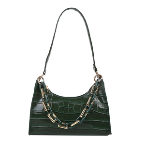 Dark green crocodile pattern baguette bag with stylish thick acrylic chain detail
