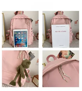 Detailed views of a pink large capacity school backpack with frog plush accessory