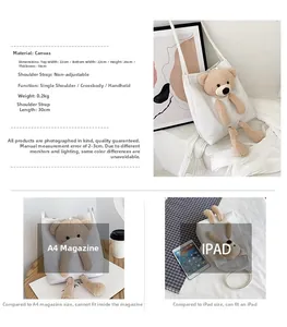 Detaillierte Größentabelle und Kapazitätsübersicht für weiße Bären-Tasche mit iPad-Vergleich