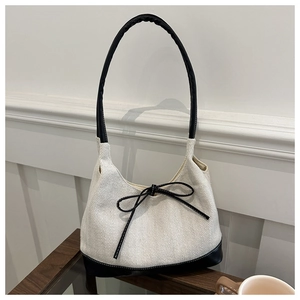 Retro pleated tote bag in beige plaid fabric with black leather bow and handle detail