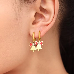 Golden bell earrings with red enamel bows and sparkling zircons for Christmas season