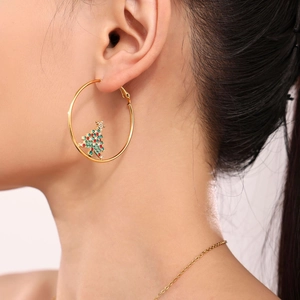 18k gold plated hoop earrings featuring a zircon-encrusted Christmas tree pendant