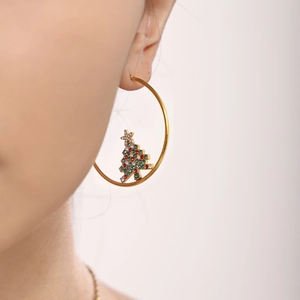 Elegant 18k gold plated hoop earrings featuring a colorful rhinestone Christmas tree pendant