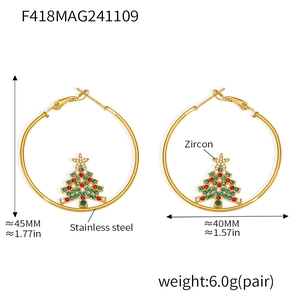 Detail view of gold stainless steel hoop earrings with colorful zircon Christmas tree charms