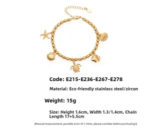 Detailed macro of gold ocean charms with starfish and turtle on stainless steel bead chain