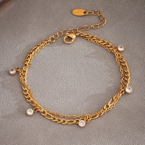 Bracelet double couche en acier inoxydable doré avec cinq pendentifs en pierre de zircon
