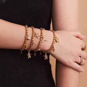 Ocean Theme Beaded Bracelet Stainless Steel Zircon Starfish Heart Turtle Charm Gold Plated Fashion Jewelry For Women