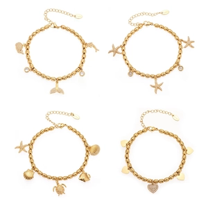 Gold stainless steel beaded ocean charm bracelets with starfish and shell pendants