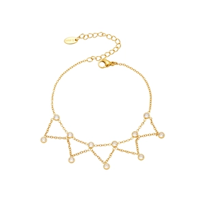 Bracelet de cheville double couche en acier doré avec pampilles et oxydes de zirconium