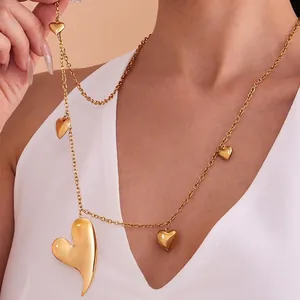 Collier Long À Pendentif Coeur Acier Inoxydable Plqué Or 18K Charme Asymétrique Chaîne De Pull Bijoux Élégants Pour Femmes